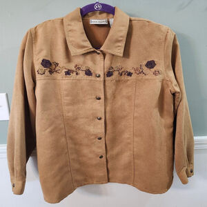 Napa Valley Petite Brown Button Down Shirt with Purple Embroidery